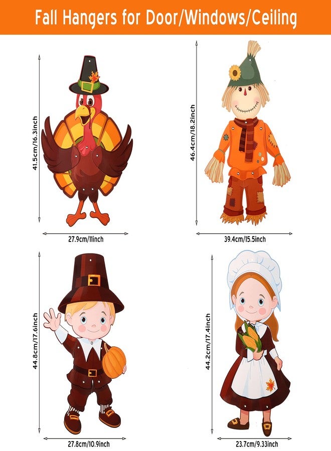Quzzil 4 Pcs Thanksgiving Fall Harvest Decorations 18 in Turkey Scarecrow Wall Window Home Door Decoration Autumn Hanging Ornament Cutouts Thanksgiving Sign Jointed Figures Pilgrim Decor with Ribbon - Image 2
